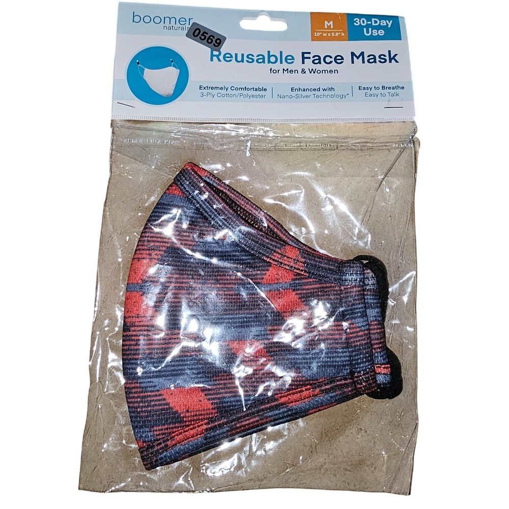 Boomer Naturals Reusable Face Mask Red Black Buffalo‎ Plaid Adult Medium #569